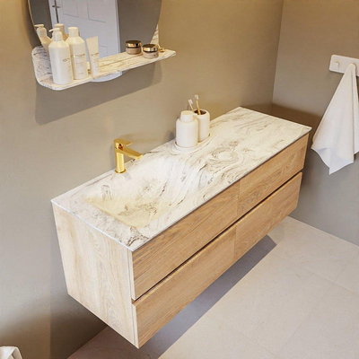 Mondiaz VICA-DLUX ensemble de meuble de salle de bain - 130cm - meuble sous-vasque chêne blanchi - 4 tiroirs - lavabo encastré cloud gauche - 1 trou de robinet - version haute de 60cm - glace