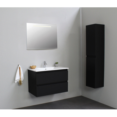 Basic Bella Meuble salle de bains avec lavabo céramique Blanc 80x55x46cm 1 trou de robinet avec miroir et éclairage Noir mat