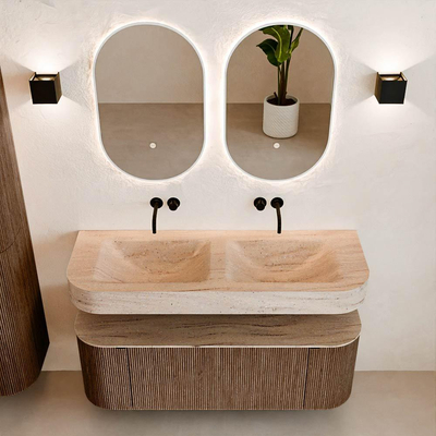 MONDIAZ THOR-DLUX 130cm badmeubel ronding links + rechts kleur Walnut met 1 lade en 2 deuren. Vrijhangende wastafel CLOUD Dubbel zonder kraangat kleur Saba.