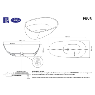 Best Design Puur vrijstaand bad - 180x90x58cm - solid surface - glans wit