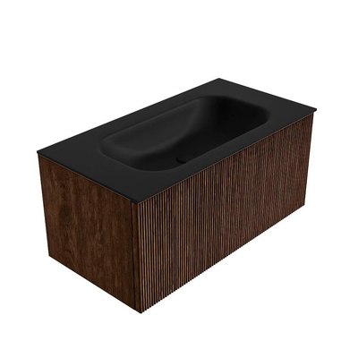 MONDIAZ KURVE 90cm Meuble salle de bain - couleur Walnut - 1 tiroir - vasque BIG SMALL centre - 1 trou de robinet - Urban