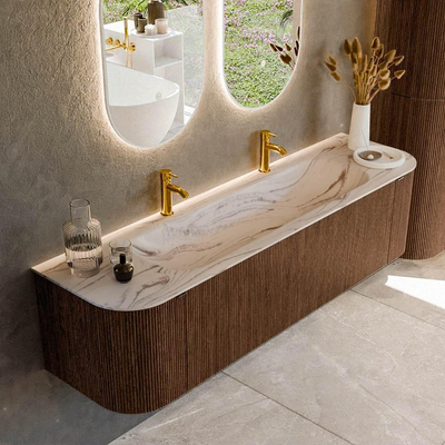 MONDIAZ KURVE-DLUX 170cm badmeubel ronding Links + Rechts kleur Walnut met 1 lade en 2 deuren. Wastafel BIG LARGE Midden 2 kraangaten Nata.