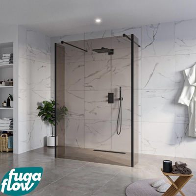 FugaFlow Eccelente Vetro Vrijstaande inloopdouche badkamer - 140x200cm - Rookglas - antikalk - 8mm veiligheidsglas - 2 zijwanden 40cm - met wandarmen en hoekprofielen - Zwart mat -