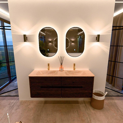 Mondiaz CIRO-DLUX Badkamermeubelset - 140x45x50cm - Solid surface wastafel Saba - 2 wasbak Dubbel - 2 kraangaten - 4 lades - Walnut