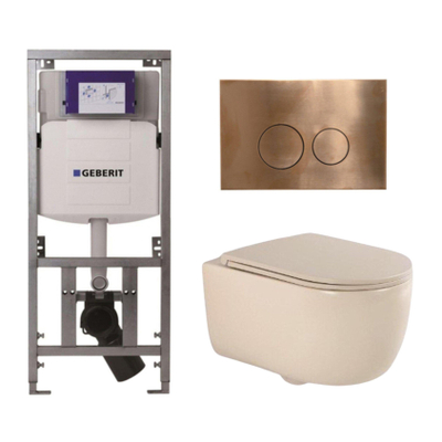 QeramiQ Dely Swirl Toiletset - 36.3x51.7cm - Geberit UP320 Burda inbouwreservoir - slim zitting - koperen bedieningsplaat - ronde knoppen - beige