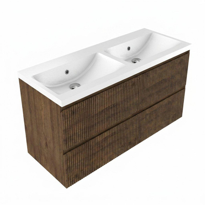 Saniclass Holz Atelier Ensemble de meubles de salle de bains - 120x45x63.5cm - lavabo en céramique Bari blanc - 2 vasques - sans trous de robinetterie - 2 tiroirs - chêne charcoal mat (bois)