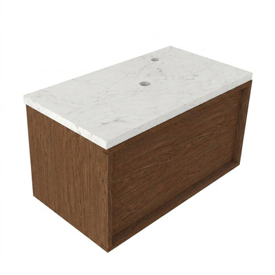 Saniclass Holz Frame Ensemble meuble de salle de bains - 80x45x43cm - Plan vasque en marbre Dia poli (blanc) - 1 trou de robinetterie - 1 tiroir - walnut pure mat (bois)