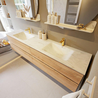 MONDIAZ VICA-DLUX Ensemble meuble de salle de bains - 200cm - meuble sous-vasque chêne blanchi - 4 tiroirs - lavabo encastré cloud double - 2 trous de robinet - version haute 60cm - opalo