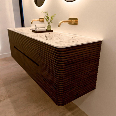 Mondiaz CIRO-DLUX Ensemble de meubles de salle de bains - 160x45x50cm - Plan vasque solid surface Glace - 2 vasques Double - sans trous de robinet - 4 tiroirs - Noyer