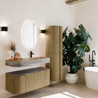 MONDIAZ THOR-DLUX 110cm meuble de salle de bains arrondi gauche + droite couleur Dusk avec 1 tiroir et 2 portes. Vasque suspendue CLOUD Droite 1 trou de robinet couleur Oza.