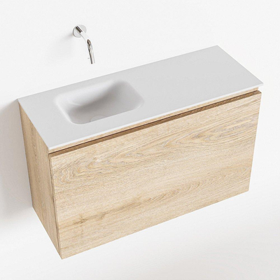MONDIAZ OLAN Toiletmeubel 80x30x40cm met 0 kraangaten 1 lades washed oak mat Wastafel Lex links Solid Surface Wit