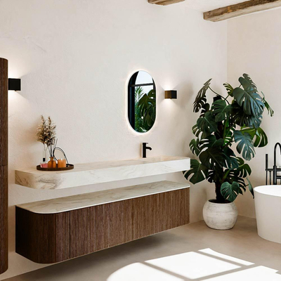 MONDIAZ THOR-DLUX Meuble de salle de bains 190cm arrondi gauche + droite couleur Walnut avec 2 tiroirs et 2 portes. Vasque suspendue CLOUD Droite 1 trou de robinet couleur Ostra.