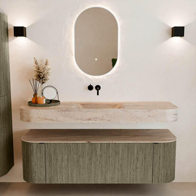 MONDIAZ THOR-DLUX 150cm meuble de salle de bains arrondi gauche + droite couleur Shadow avec 1 tiroir et 2 portes. Vasque suspendue CLOUD Milieu sans trou de robinet couleur Saba.