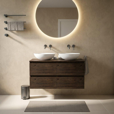 Saniclass Holz Pure Ensemble de meuble de salle de bains - 120x45x62cm - plan en bois - sans trou de robinetterie - 4 tiroirs - chêne charcoal mat (bois)