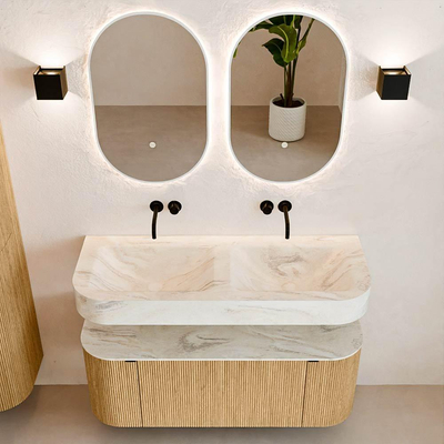 MONDIAZ THOR-DLUX 120cm badmeubel ronding links + rechts kleur Oak met 1 lade en 2 deuren. Vrijhangende wastafel CLOUD Dubbel zonder kraangat kleur Ostra.