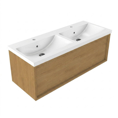 Saniclass Holz Frame Ensemble de meubles de salle de bains - 120x45x43.5cm - lavabo en céramique Bari blanc - 2 vasques - 2 trous de robinetterie - 1 tiroir - chêne natural mat (bois)