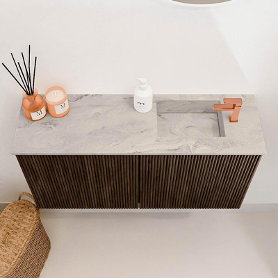 Mondiaz JOYA-DLUX 80cm toiletmeubel - kleur Walnut - Wastafel FAYE positie Rechts 1 kraangat kleur Glace.