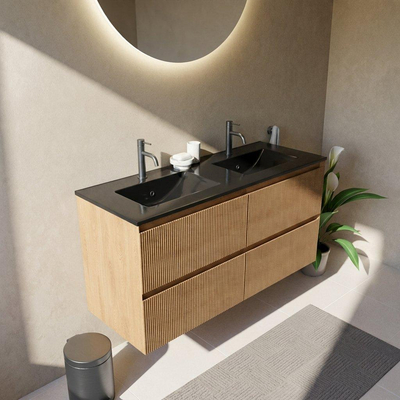 Saniclass Holz Atelier Ensemble meuble de salle de bains - 120x45x62cm - Lavabo Vygo en céramique noir - 2 vasques - 2 trous de robinetterie - 2 tiroirs - chêne natural mat (bois)