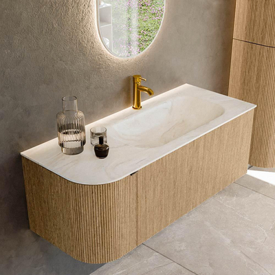 MONDIAZ KURVE-DLUX meuble de salle de bains 115cm avec module 25 L couleur chêne avec 1 tiroir et 1 porte. Lavabo BIG SMALL droit 1 trou de robinet couleur Ostra.