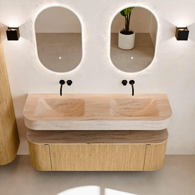 MONDIAZ THOR-DLUX 150cm badmeubel ronding links + rechts kleur Oak met 1 lade en 2 deuren. Vrijhangende wastafel CLOUD Dubbel zonder kraangat kleur Saba.