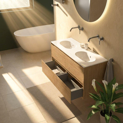 Saniclass Holz Pure Ensemble de meubles de salle de bains - 120x45x74cm - lavabo Chaci en céramique blanc - 2 vasques - sans trous de robinetterie - 4 tiroirs - chêne natural mat (bois)