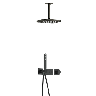 Hotbath Gmetal IBS41 Ensemble de douche complet encastré - thermostatique - 2 boutons poussoirs - bras plafond de 15 cm - douche principale carrée de 22 cm - douchette à main - Gun metal brossé PVD