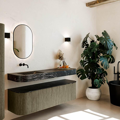 MONDIAZ THOR-DLUX 160cm meuble de salle de bains arrondi gauche + droite couleur Shadow avec 1 tiroir et 2 portes. Vasque suspendue CLOUD Gauche sans trou de robinet couleur Lava.