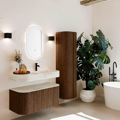 MONDIAZ THOR-DLUX 100cm badmeubel ronding links + rechts kleur Walnut met 1 lade en 2 deuren. Vrijhangende wastafel CLOUD Rechts 1 kraangat kleur Ostra.