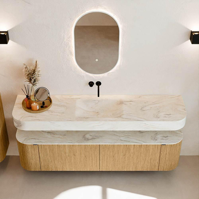 MONDIAZ THOR-DLUX 180cm meuble de salle de bains arrondi gauche + droite couleur Chêne avec 2 tiroirs et 2 portes. Vasque suspendue CLOUD Milieu sans trou de robinet couleur Ostra.