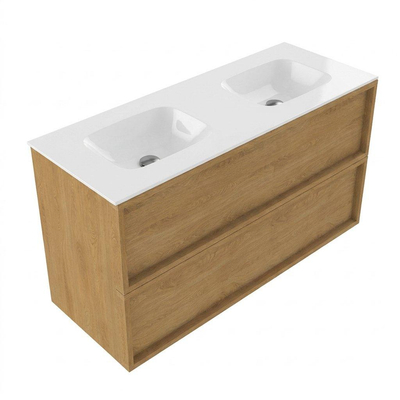 Saniclass Holz Frame Ensemble de meuble de salle de bains - 120x45x61.5cm - Flow lavabo en Solid Surface blanc - 2 vasques - sans trous de robinet - 2 tiroirs - chêne natural mat (bois)