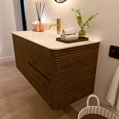 Mondiaz CIRO-DLUX Badkamermeubelset - 110x45x50cm - Solid surface wastafel Opalo - 1 wasbak Midden - 1 kraangat - 2 lades - Dusk