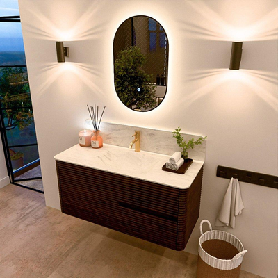 Mondiaz CIRO-DLUX Badkamermeubelset - 110x45x50cm - Solid surface wastafel Opalo - 1 wasbak Midden - 1 kraangat - 2 lades - Walnut