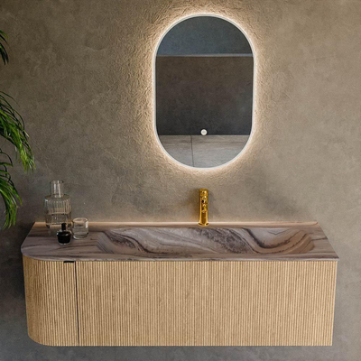 MONDIAZ KURVE-DLUX 135cm badmeubel ronding Links kleur Oak met 1 lade en 1 deur. Wastafel BIG MEDIUM Rechts 1 kraangat Sombra.