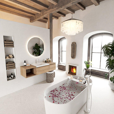 MONDIAZ BUKLA 140cm ensemble de meuble avec module ouvert 40 gauche couleur Chêne blanchi avec 2 tiroirs. Lavabo CLOUD centre 1 trou de robinet couleur Talc.