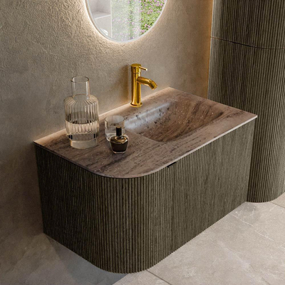 MONDIAZ KURVE-DLUX Meuble de salle de bains 75cm arrondi Gauche couleur Shadow avec 1 tiroir et 1 porte. Lavabo GRUNNE Droite 1 trou de robinet Oza.