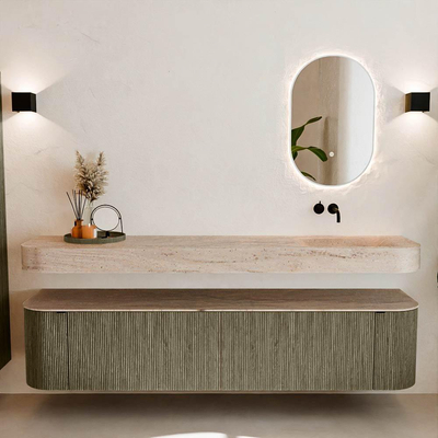 MONDIAZ THOR-DLUX 200cm meuble de salle de bains arrondi gauche + droite couleur Shadow avec 2 tiroirs et 2 portes. Vasque suspendue CLOUD Droite sans trou de robinet couleur Saba.