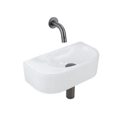 QeramiQ Fuente Fonteinset - 40x21.5x12cm - glad - halfrond - keramiek - fonteinkraan gunmetal - afvoerplug - verlaagd sifon - wit glans