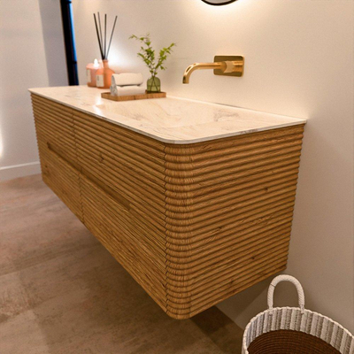 Mondiaz CIRO-DLUX Badkamermeubelset - 140x45x50cm - Solid surface wastafel Ostra - 1 wasbak Rechts - zonder kraangaten - 4 lades - Oak