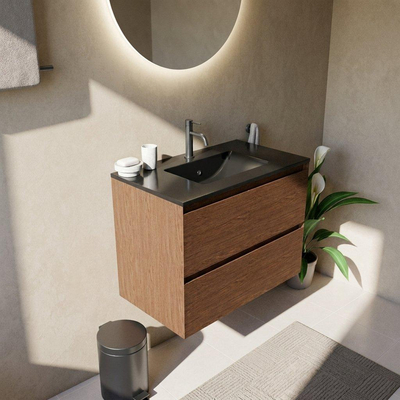 Saniclass Holz Pure Ensemble meuble de salle de bains - 80x45x62cm - Vasque Vygo en céramique noire - 1 vasque - 1 trou de robinet - 2 tiroirs - walnut pure mat (bois)