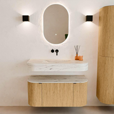 MONDIAZ THOR-DLUX 100cm badmeubel ronding links + rechts kleur Oak met 1 lade en 2 deuren. Vrijhangende wastafel CLOUD Midden zonder kraangat kleur Nata.