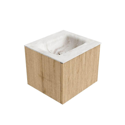 MONDIAZ KURVE-DLUX Meuble de salle de bains 50cm couleur Oak avec 1 tiroir. Lavabo GRUNNE centré sans trou de robinet couleur Frappe.