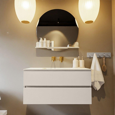 Mondiaz VICA-DLUX ensemble de meuble de salle de bain - 100cm - meuble sous-vasque lin - 2 tiroirs - lavabo encastrée cloud milieu - sans trous de robinet - version haute de 60cm - opalo