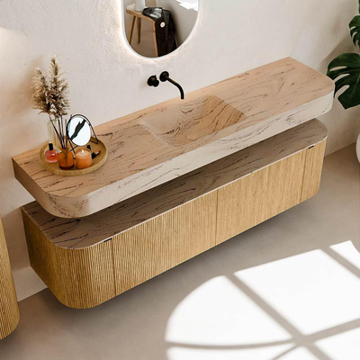 MONDIAZ THOR-DLUX 180cm meuble de salle de bains arrondi gauche + droite couleur Chêne avec 2 tiroirs et 2 portes. Vasque suspendue CLOUD Milieu sans trou de robinet couleur Arena.