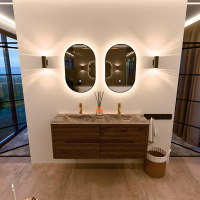 Mondiaz CIRO-DLUX Badkamermeubelset - 130x45x50cm - Solid surface wastafel Sombra - 2 wasbak Dubbel - 2 kraangaten - 4 lades - Dusk