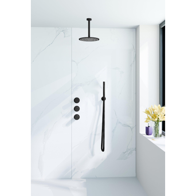Fortifura Nebbio opbouw regendoucheset – Ø30 cm hoofddouche – 20 cm plafondbuis – 1-stands staafhanddouche – zwart mat