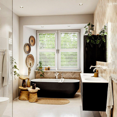 MONDIAZ VICA meuble sous lavabo 150cm Urban 2 tiroirs. Lavabo MOON double sans trou de robinet, couleur Talc.