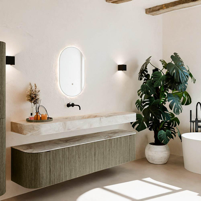 MONDIAZ THOR-DLUX Meuble de salle de bains 190cm arrondi gauche + droite couleur Shadow avec 2 tiroirs et 2 portes. Vasque suspendue CLOUD Milieu sans trou de robinet couleur Frappe.