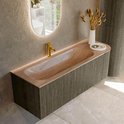 MONDIAZ KURVE-DLUX Meuble de salle de bains 135cm arrondi à droite couleur Shadow avec 1 tiroir et 1 porte. Lavabo BIG MEDIUM à gauche 1 trou de robinet Saba.