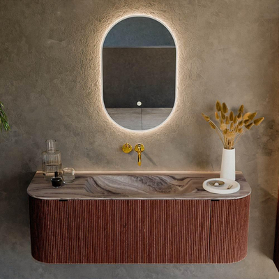 MONDIAZ KURVE-DLUX Meuble de salle de bains 130cm arrondi Gauche + Droite couleur Ruby avec 1 tiroir et 2 portes. Vasque BIG SMALL Milieu sans trou de robinet Sombra.