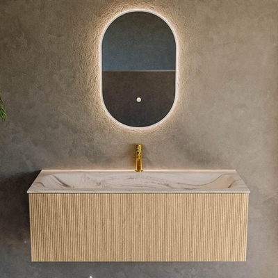 MONDIAZ KURVE-DLUX 120cm badmeubel kleur Oak met 1 lade en 0 deuren. Wastafel BIG LARGE Midden 1 kraangat Nata.